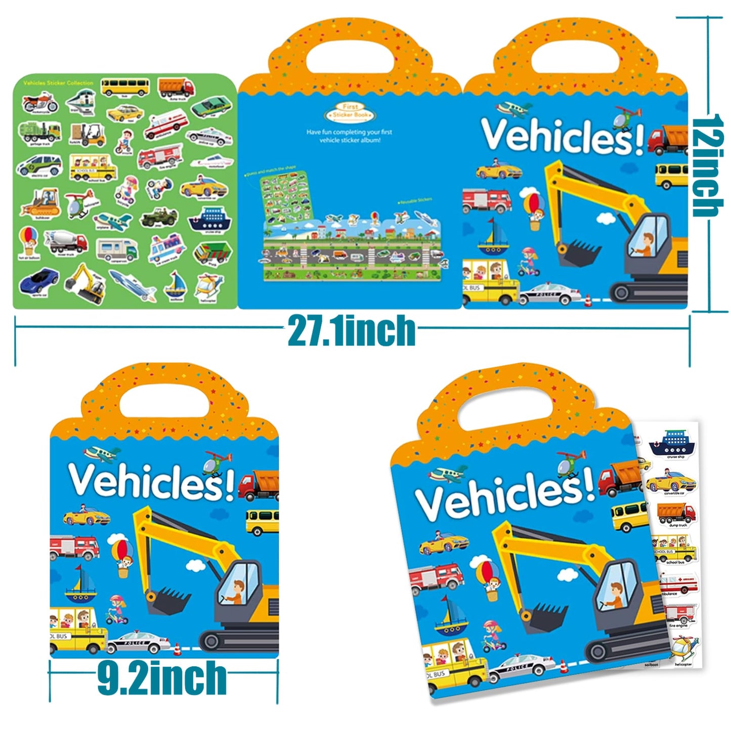 Reusable Sticker Books For Kids, Travel Removable Toddler Vehicle Sticker Books For 3 4 5 Year Old Girls Boys Birthday Gifts Educational Learning Toys For Age 3-5