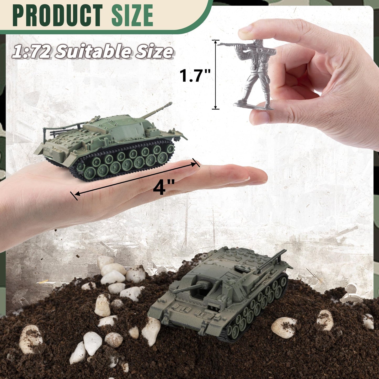 Maozyhomie U.S Toy Tank And Army Men Toys Playset, 2Pc Tank-5 Models And 10Pc Toy Soldiers, Olive Drab Green 1:72 Military Vehic