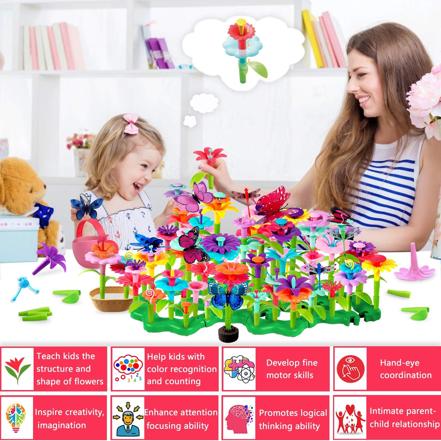 Lanney Flower Building Toy Set, 200 Pcs Flower Garden Building Toys For Girls Boys 3 4 5 6 7 Year Old, Educational Stem Build Flower Garden Toy, Kids Toddler Birthday Gift Ideas