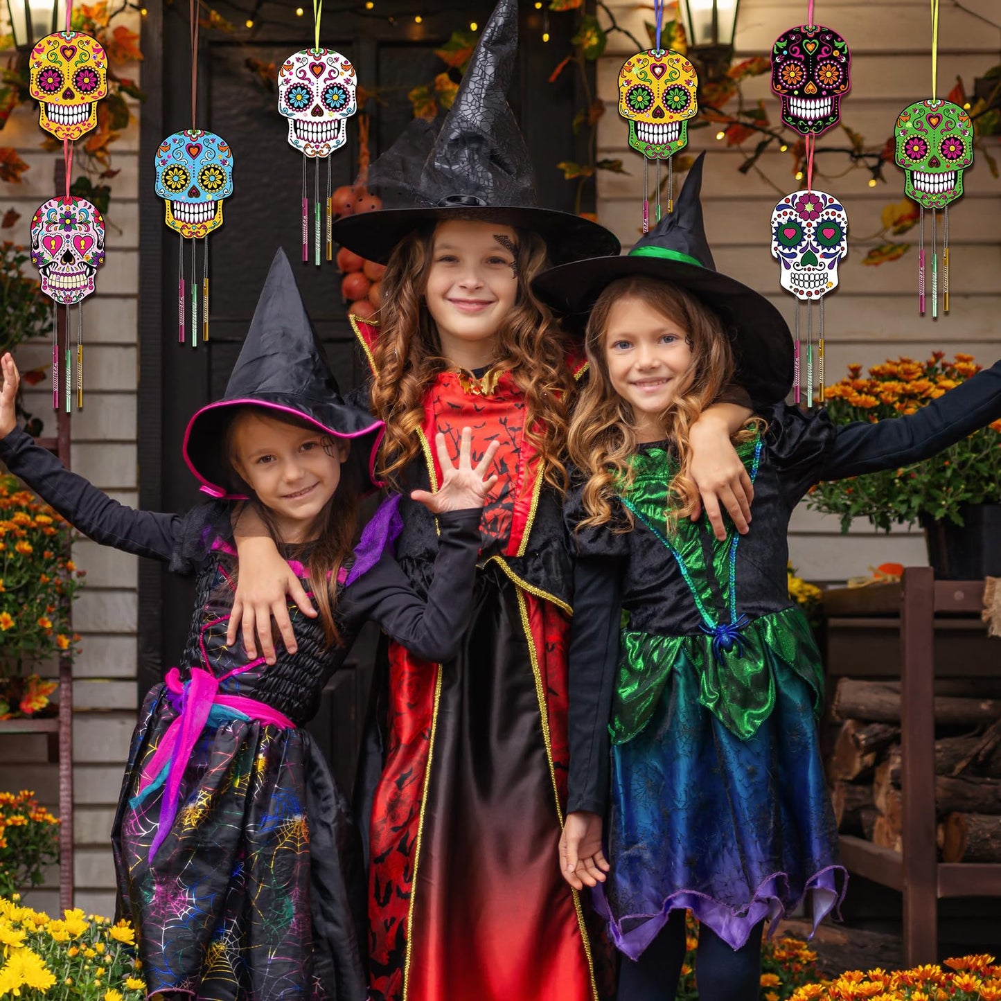Fennoral Day of The Dead Wind Chime Kit - 9 Pack Skull Head Wooden DIY Craft for Kids, Halloween Party Decoration