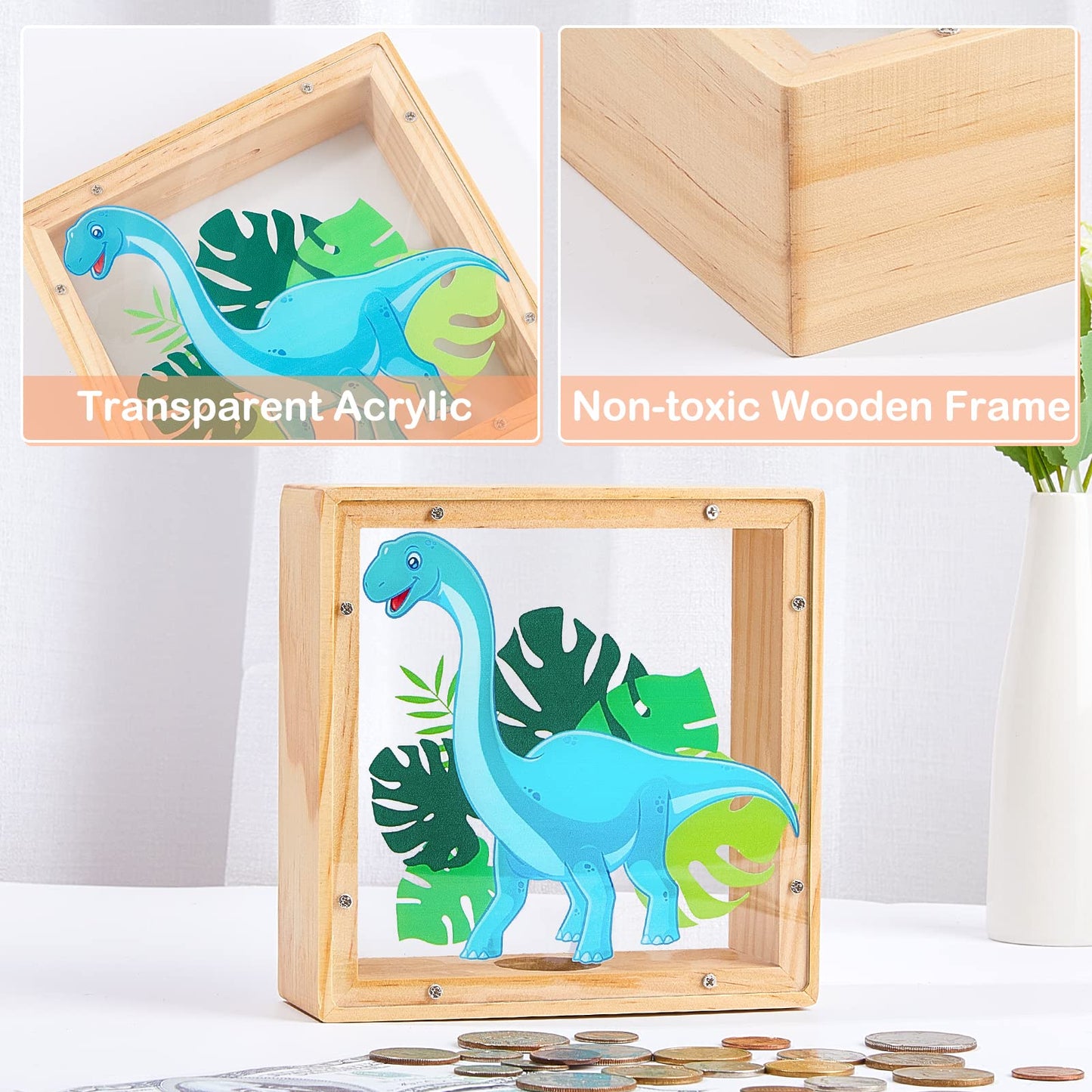 Piggy Bank For Boys, Wooden Dinosaur Piggy Bank For Kids Cartoon Money Bank Coin Bank With Diy Alphabet Stickers, Blue