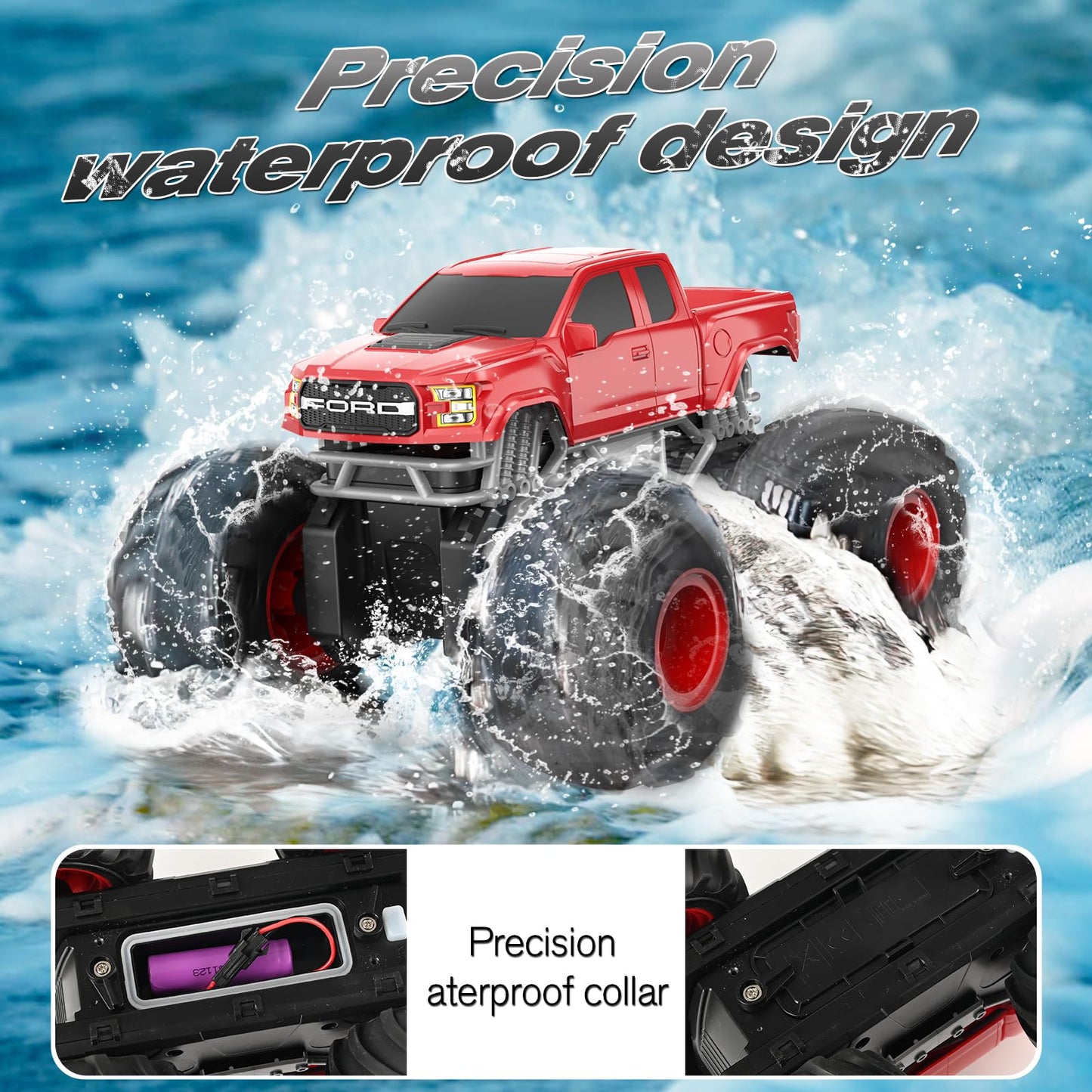 DOUBLE E Ford Amphibious RC Monster Trucks Waterproof Remote Control Car 4WD All Terrain Car for Kids 4-12,2.4Ghz RC Cars Pool T