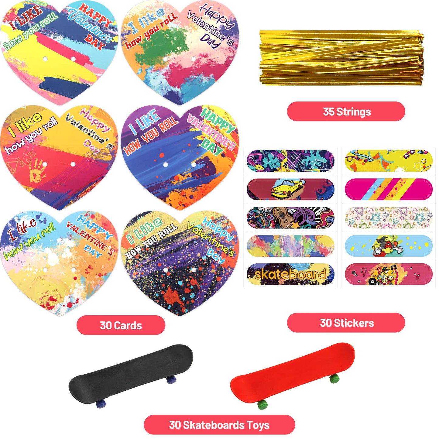 Ceiba Tree 30Pack Valentines Day Cards With Finger Skateboards For Kids Classroom Exchange Happy Valentines Day Party Favors