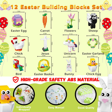 12Pcs Easter Egg Fillers Building Kits, Easter Rabbit 12 In 1 Building Blocks Set, Easter Bricks Toy Gift Easter Egg Fillers, Ea