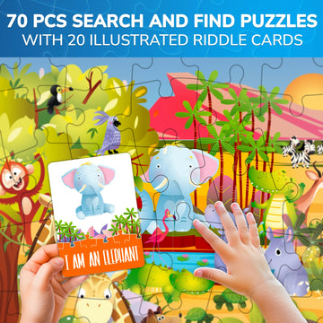 Quokka Search And Find Puzzles For Kids Ages 4-6 - Riddle Kids Puzzles 6-8 Years Old - 70 Unique Pcs | 20 Illustrated Guessing Cards | Engaging Children Themes - Africa Puzzle Gift For Toddlers 3-5