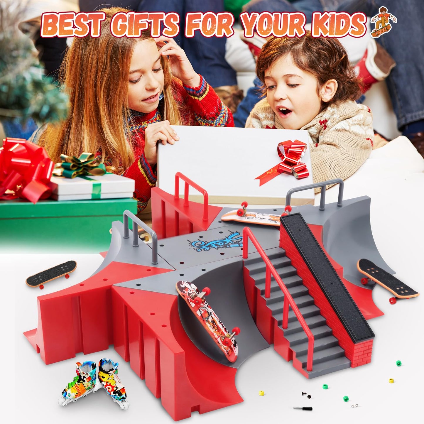 Ketiee Fingerboard Skate Park Kit: 17Pcs Finger Skateboard Ramp Set With Exclusive 11 Ramps 4 Mini Skateboards & Roller Skates, Large Finger Skatepark Training Props Toys Gifts For Kids Ages 6 And Up