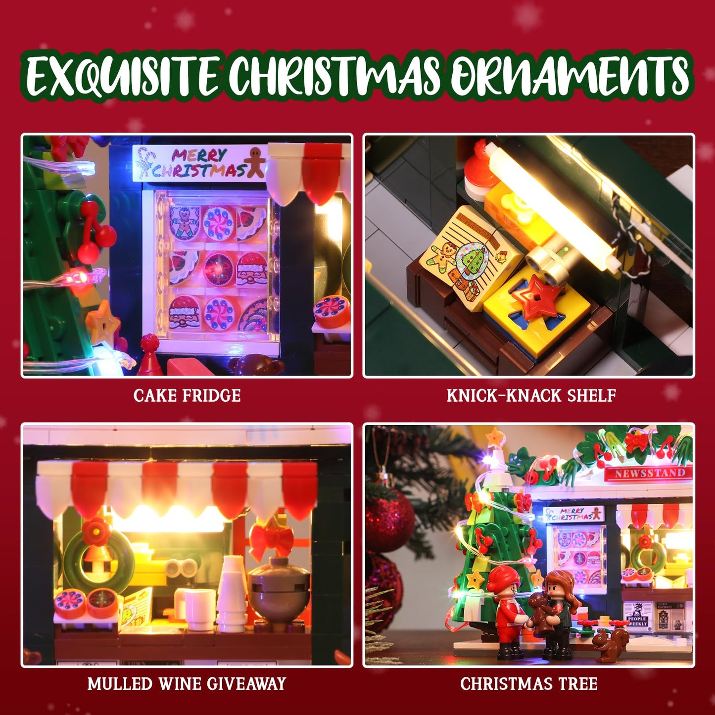 FUNWHOLE Christmas Newsstand Building Set - 718 Pcs LED Light Modular Town House - Ideal Holiday Collectible for Adults & Family