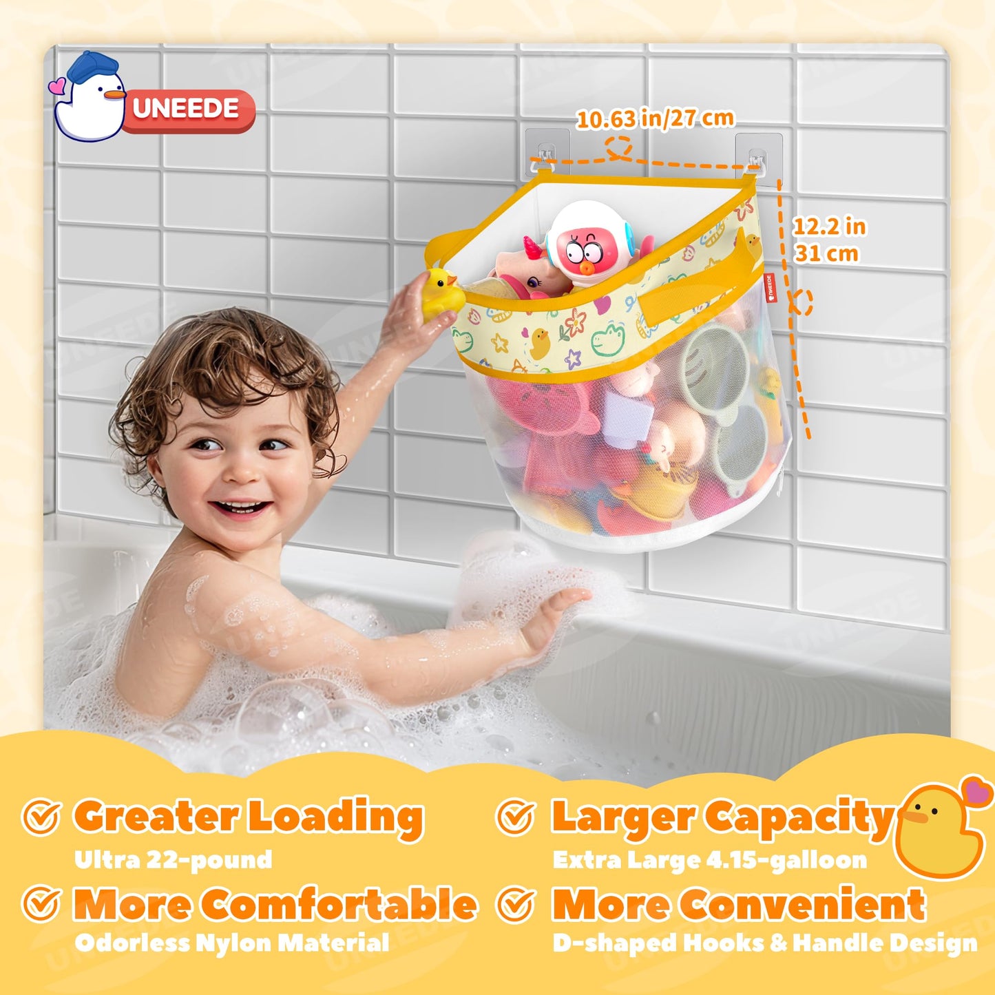 Uneede Duck Print Bath Toy Storage,4.15 Gallons Bathtub Toy Storage Organizer,Bath Toy Holder For Bathtub Organizer And Storage,