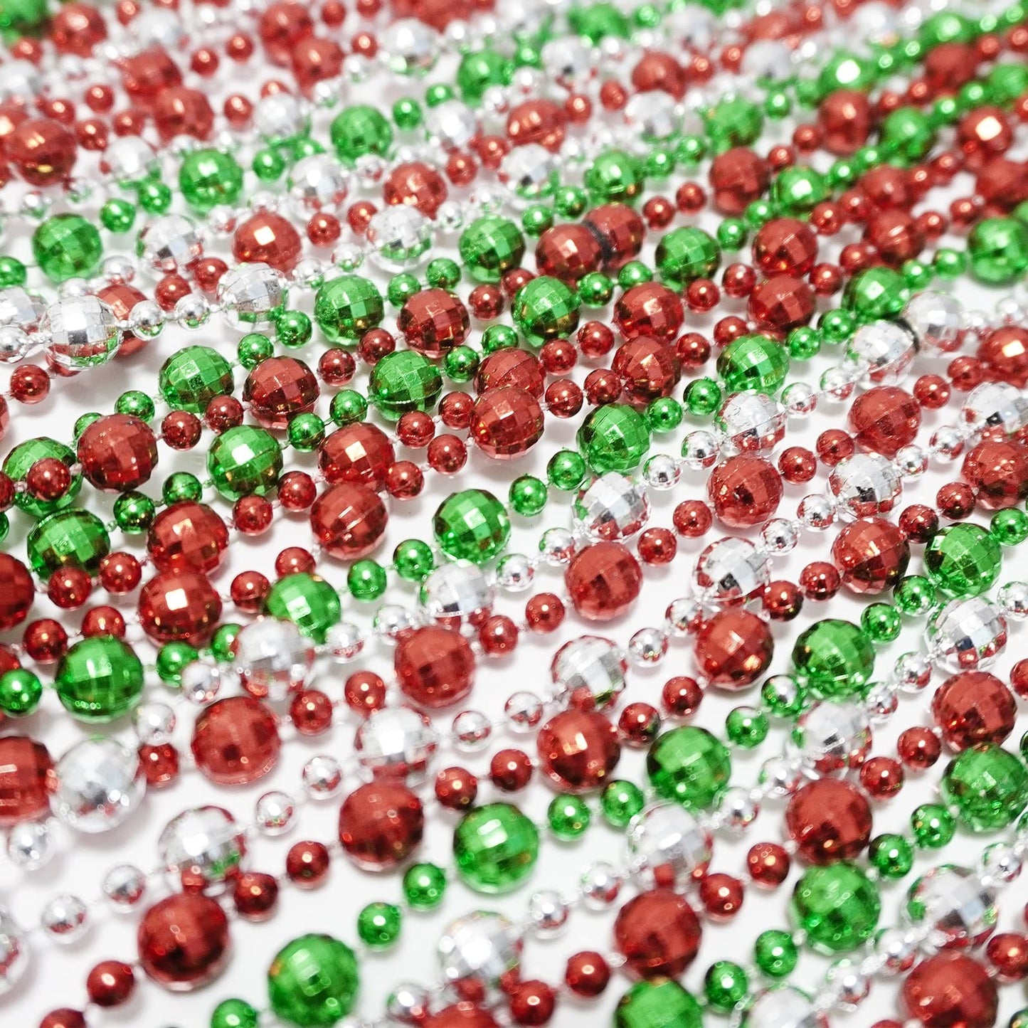 Dyhayaer 100Pcs Christmas Mardi Gras Beads Necklaces Bulk (7mm 33Inch), Green, Silver, Red Metallic Costume Beaded Necklaces for