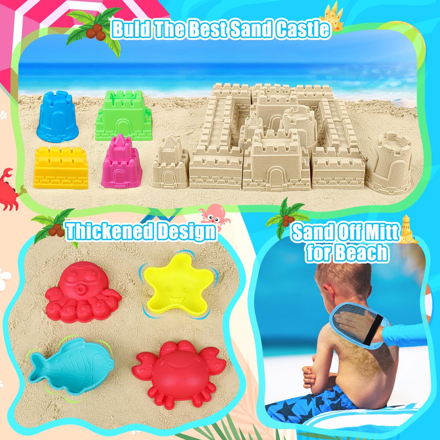 FUSPWEAO Collapsible Beach Toys Sand Toys for Kids, Sandbox Toys with 2 Collapsible Beach Buckets, Mesh Bags, Sand Molds, Sand C