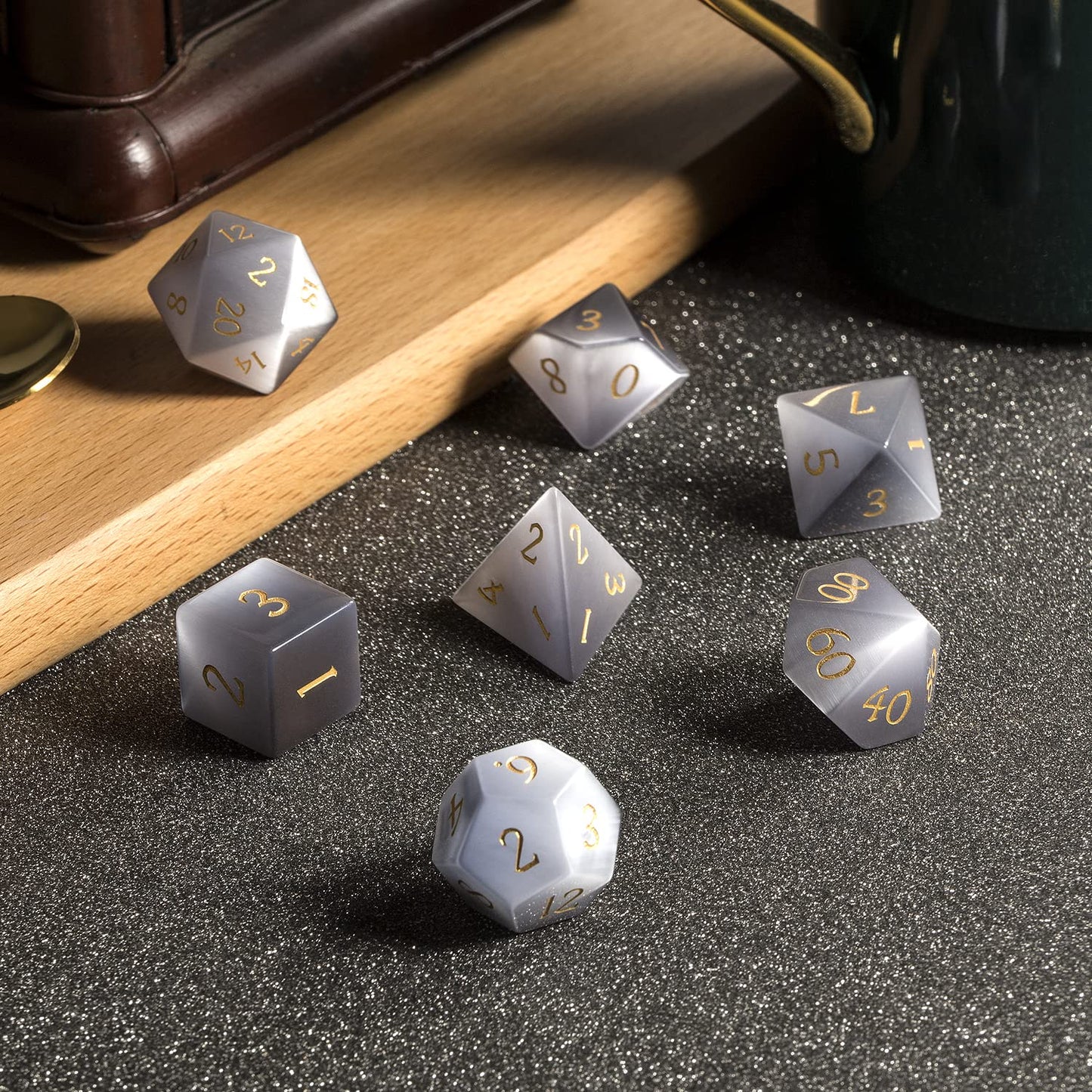 DNDND Cat's Eye Gemstone Dice Set 7 PCS Crystal DND Dice with Grogeous Gift Case for Dungeons and Dragon D&D Tabletop Game (Grey