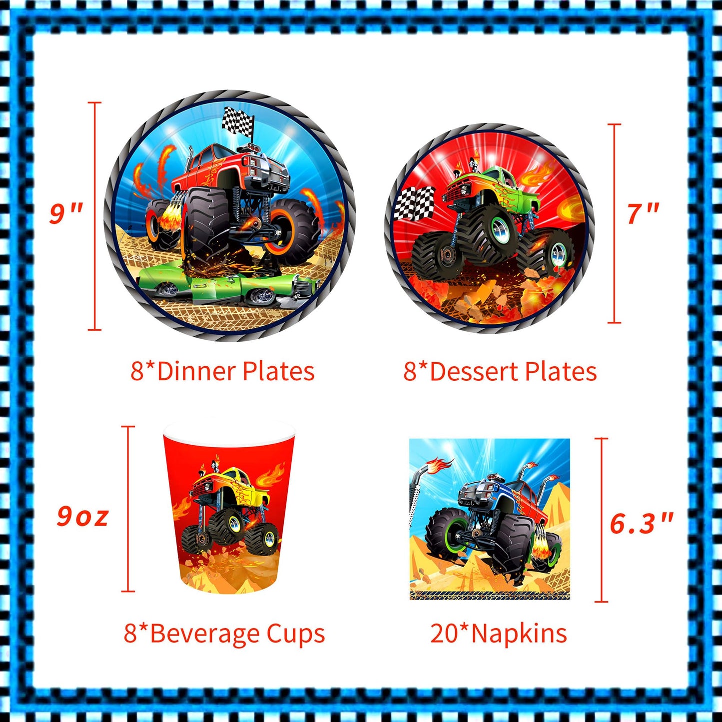 Roaring Good Time 60 Pcs Monster Trucks Birthday Decoration Kit - Monster Trucks Party Plates, Napkins, Tablecloth, Banner & Accessories - Red, Cartoon Theme
