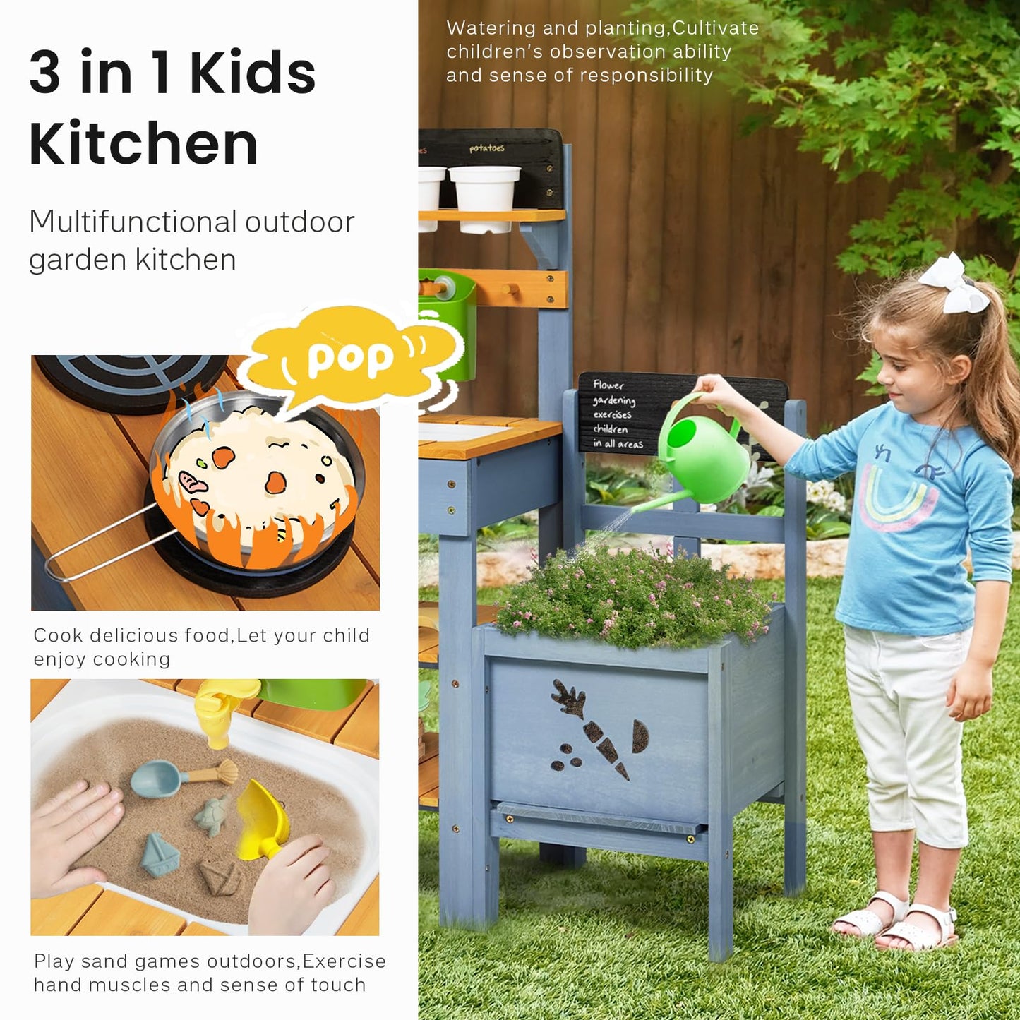 Frogprin Mud Kitchen With Planter Box, Outdoor Play Pretend Kitchen With Stoves, Removable Sink, Faucet, Blackboard, Cooking Acc