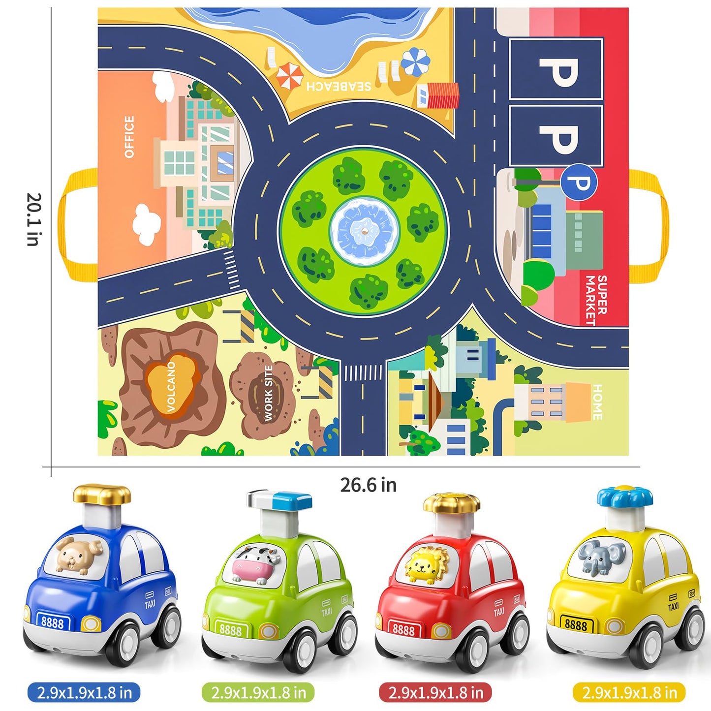 TEMI 4PCS Inertia Animal Car Toys with Play Mat/Storage Bag for Toddlers Toy Age 1-3, Baby Toys 1 2 3 Years Old Boys Birthday Ne