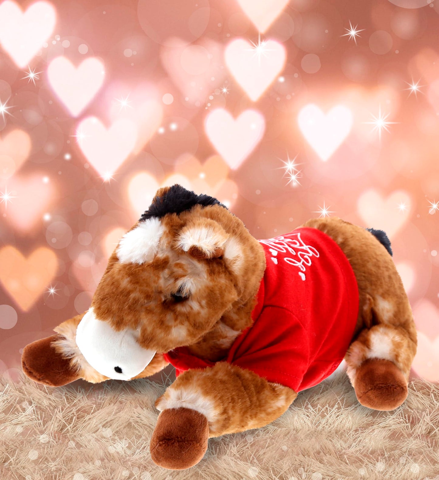 DolliBu I Love You Valentine Plush Lying Brown Horse - Cute Stuffed Animal with Red Shirt and Name Personalization Gift for Valentines Day Birthday Anniversary Romantic Date - 10.5 Inches