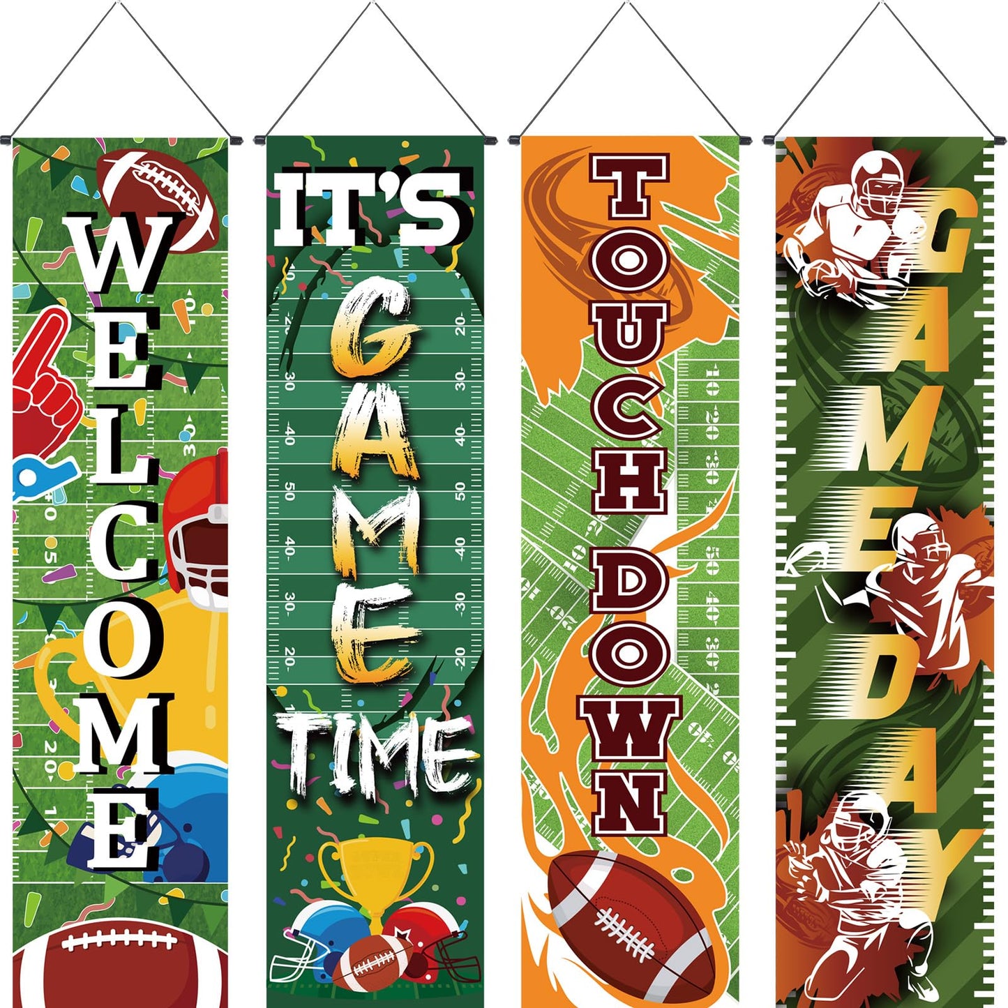 Breling 4 Pack Football Field Backdrop Banner Decorations with Welcome 47.24 x 11.81 Large Football Background Game Time for Spo