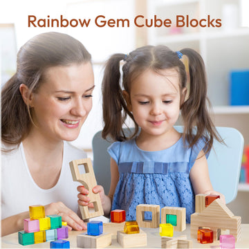 Woodtoe Wooden Rainbow Building Blocks Set For Kids | 22 Pcs Wooden Blocks & 25 Pcs Acrylic Gem Cubes Sensory Toys | Montessori