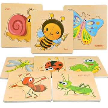 Faburo Wooden Puzzles for Toddlers, 8pcs Insect & Animal Shapes, Educational Montessori Toys for 1-3 Year Olds, Berry Color