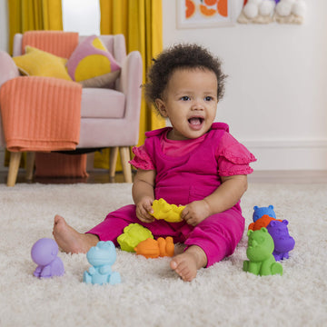 Bright Starts Tropicanimals 9Pk Take-Along Friends Baby Bath Toys And Play Set - Squeezable Wipeable Soft Infant Toys, Ages 3 Mo