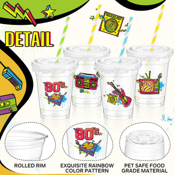 Foldtier 50 Pcs 80'S Party Cups Disposable Plastic Cup 12 Oz G Back To 80S Cups Thick 80S Theme Clear Cup Lids Straws Retro Musi