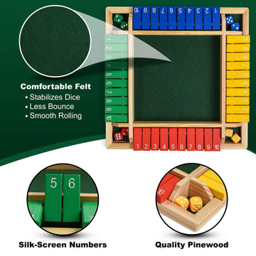 Wooden Shut The Box – Indoor Dice Game – Ideal For 2-4 Players – Great Family Game – Colorful Design - Comfortable Felt – Smart Math Game For Kids – Fun Learning Board Game - Nice Gift Packaging