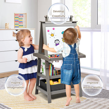 Honey Joy Art Easel For Kids, 3-In-1 Double-Sided Wooden Toddler Easel W/Magnetic White Board & Chalkboard, Paper Roll, 2 Storage Bins, Painting Dry Erase, Kids Easel For Boys Girls Aged 3+ (Gray)