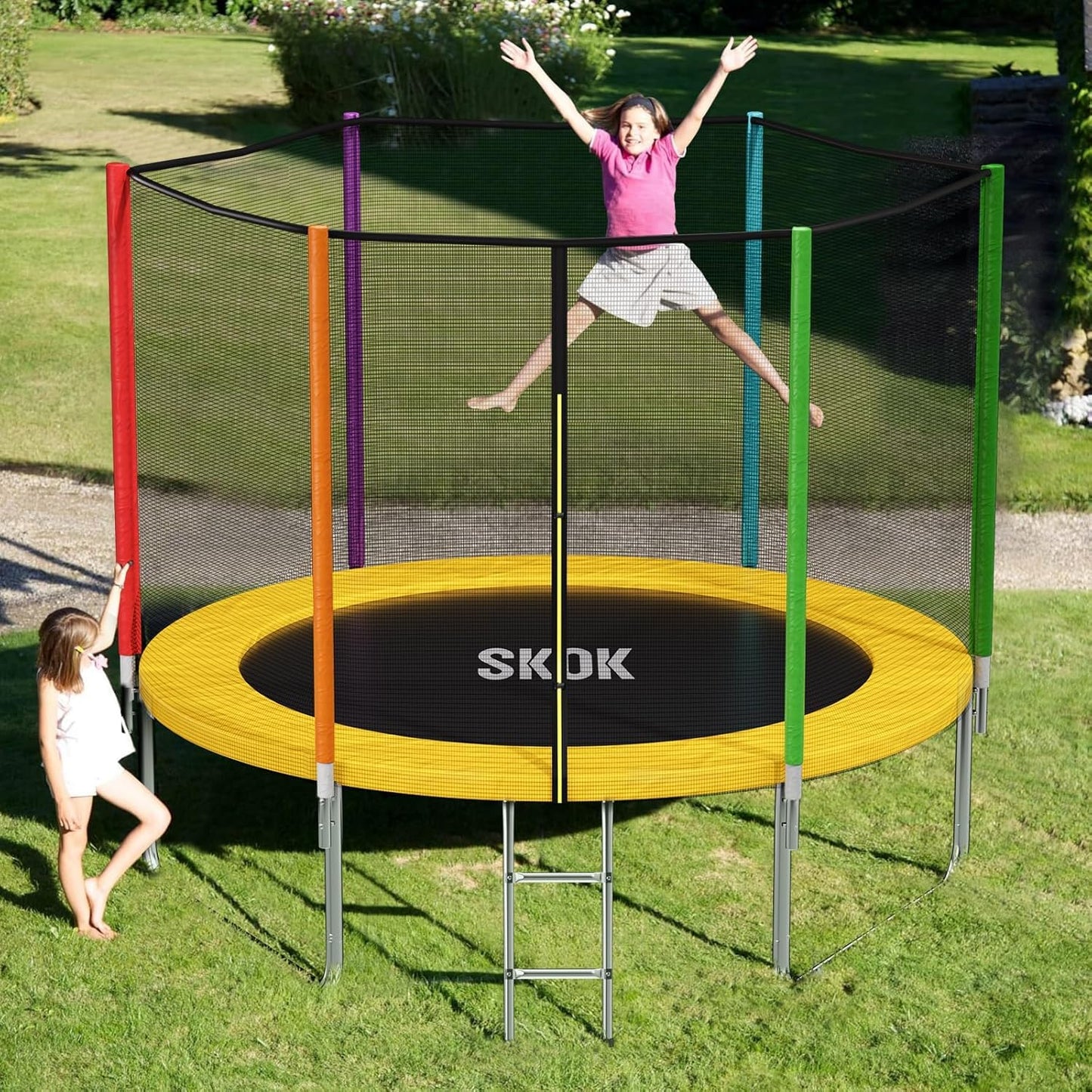 Skok Colorful Trampoline 8Ft Kids Trampolines With Enclosure Net, Trampoline Outdoor For Kids And Adults, With Spring Pad, Jumpi