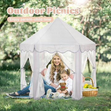 Sumbababy Princess Castle Tent - Grey Hexagon Playhouse with Fairy Star Lights for Kids - Indoor/Outdoor Fun