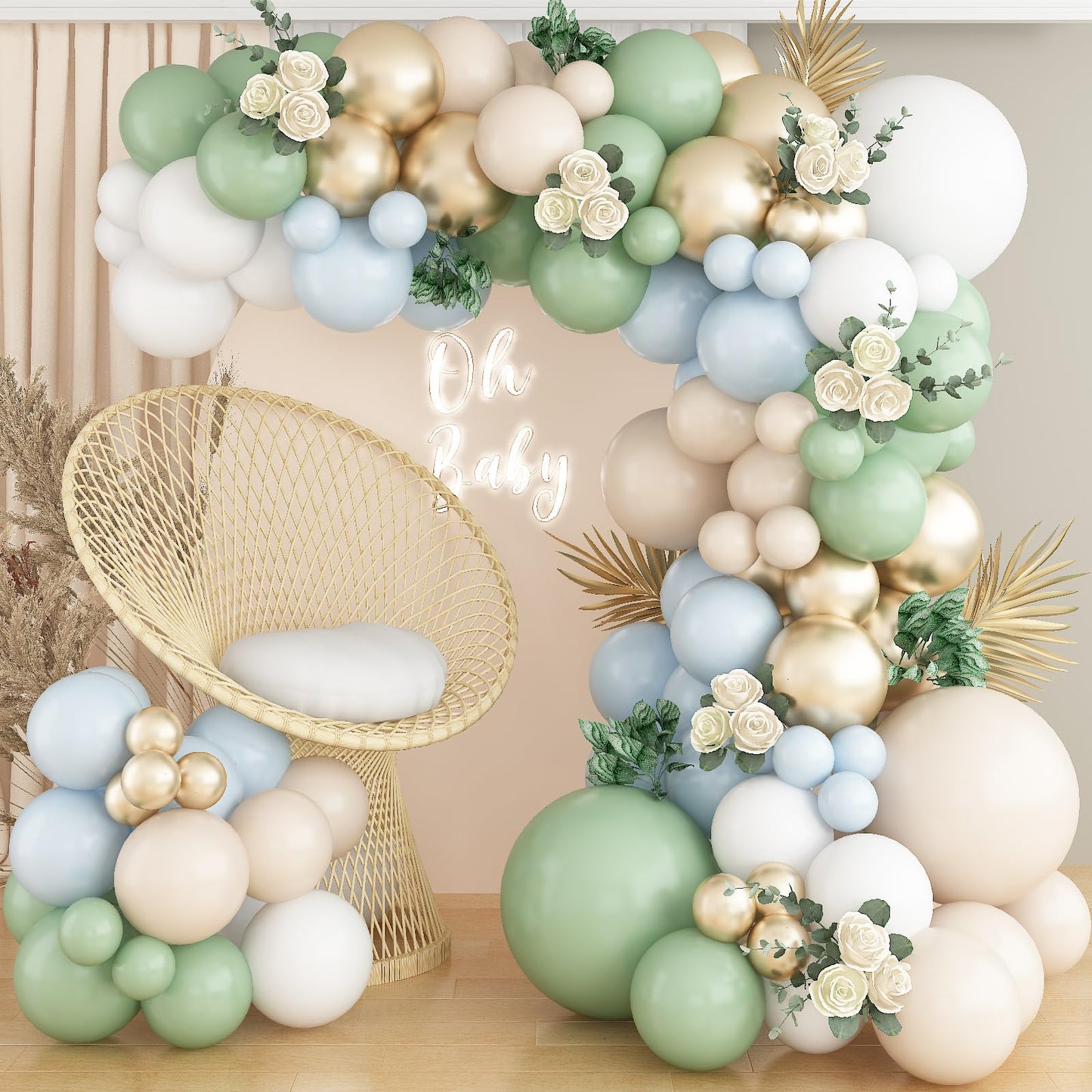 Sage Green Balloons Garland Arch Kit, Different Sizes 18 12 10 5 Inch Olive Green Sand White Metallic Gold Balloons For Jungle S