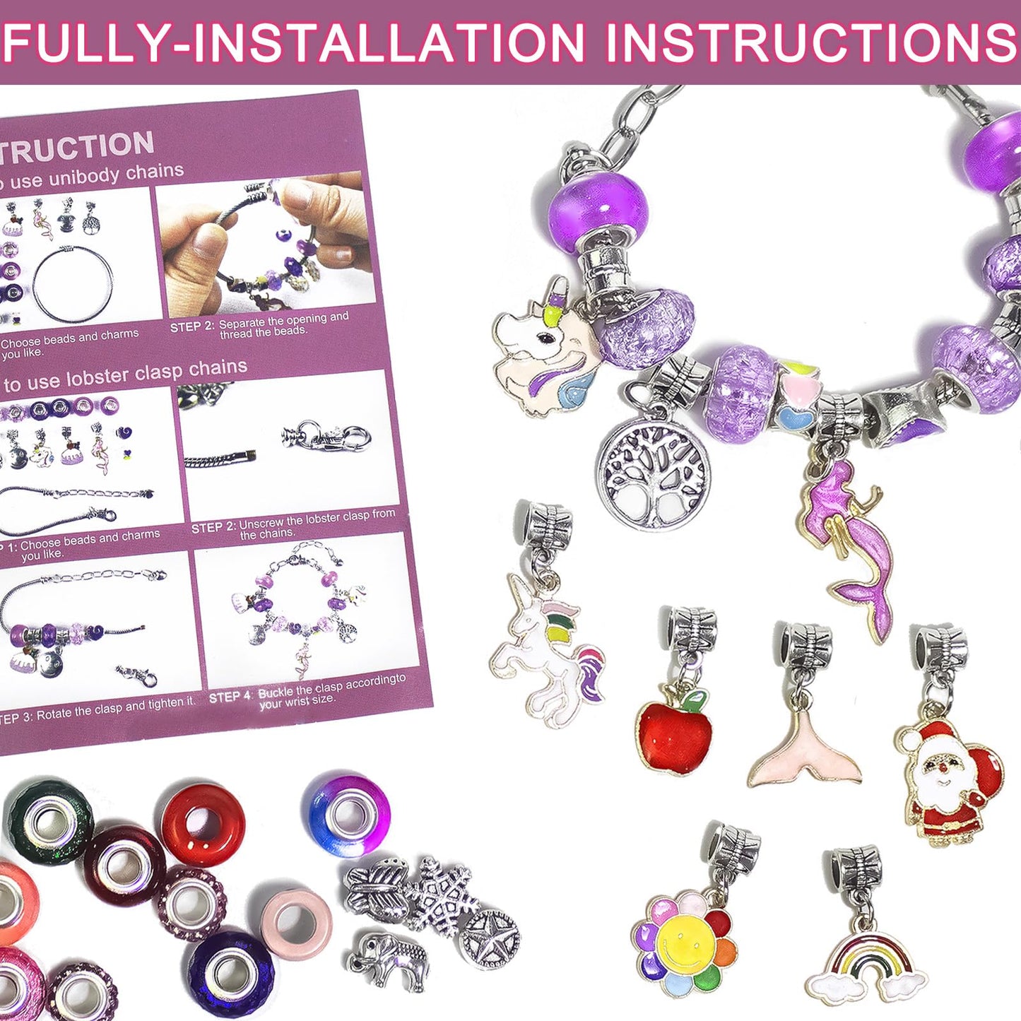 Redtwo 200 Pcs Charm Bracelet Making Kit, Friendship Jewelry Making Supplies Unicorn/Mermaid/Birthday Gifts Toys For Teen Girls