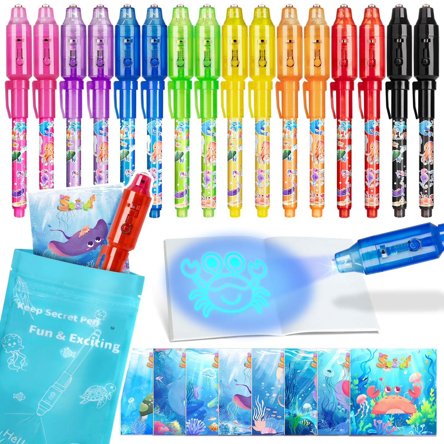 Invisible Ink Pen, 16 Pack Spy Magic Markers Pen With Uv Light & Notebook Set, Secret Message Ink Pen Party Favors For Kids 4-12