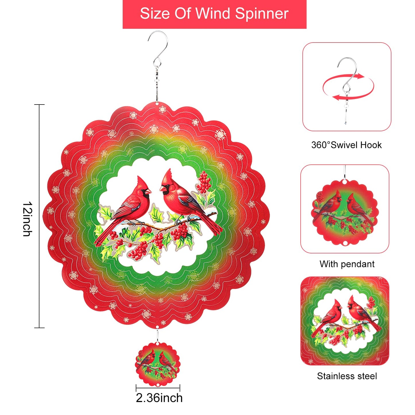Cardinal Metal Wind Spinners, Cardinal Gifts For Women Mom Grandma Wife Men, 12 Inch 3D Stainless Steel Hanging Wind Spinner For