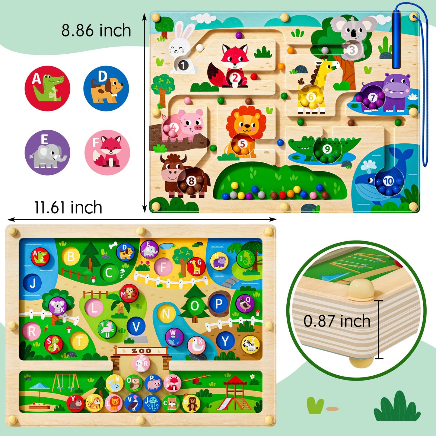 Rifamee 2 In 1 Magnetic Color And Number Maze Magnet Alphabet Counting Zoo Double Sided Board Wood Puzzle Fine Motor Skills Mont