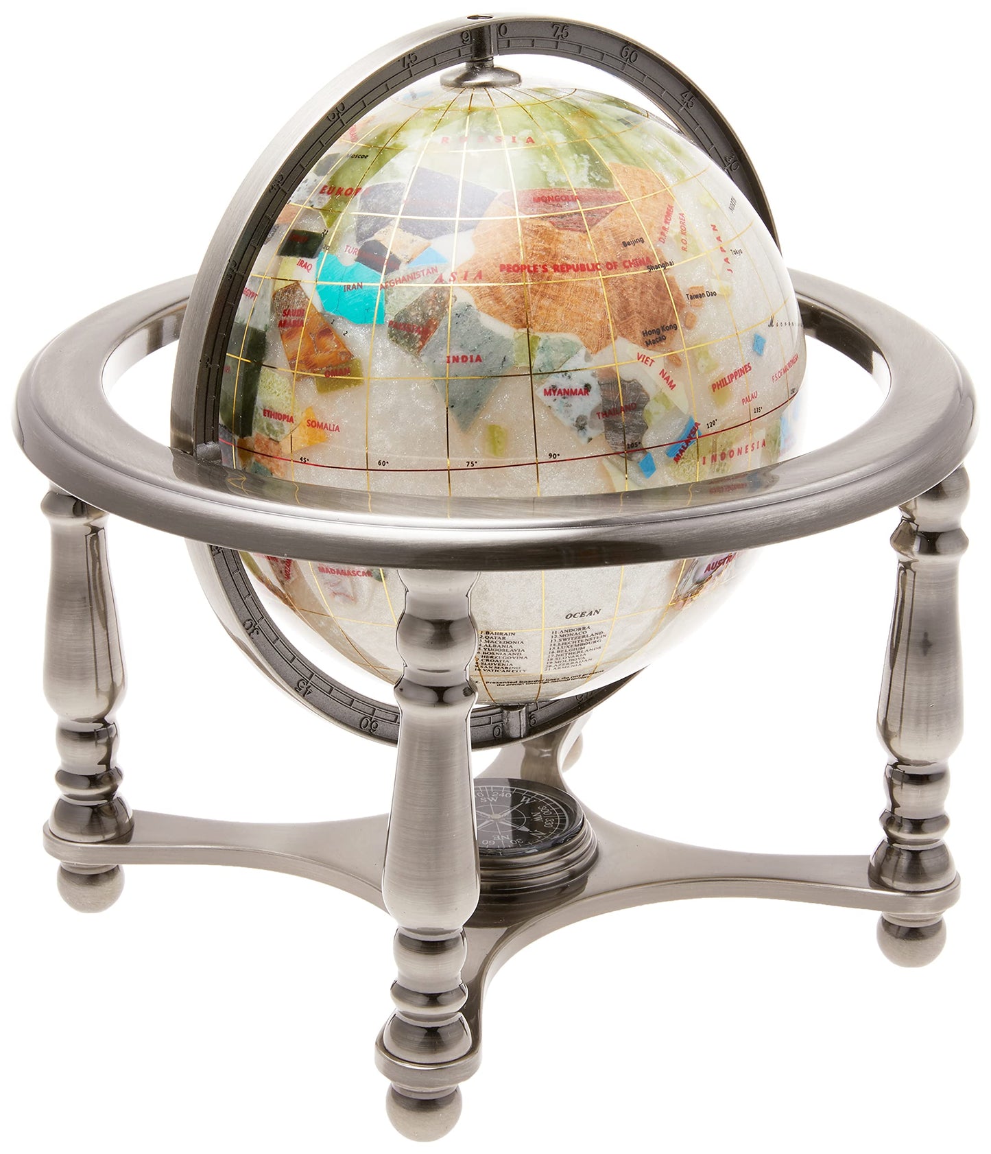Unique Art 10-Inch Tall Pearl Swirl Ocean Gemstone World Globe With 4 Leg Silver Stand,White
