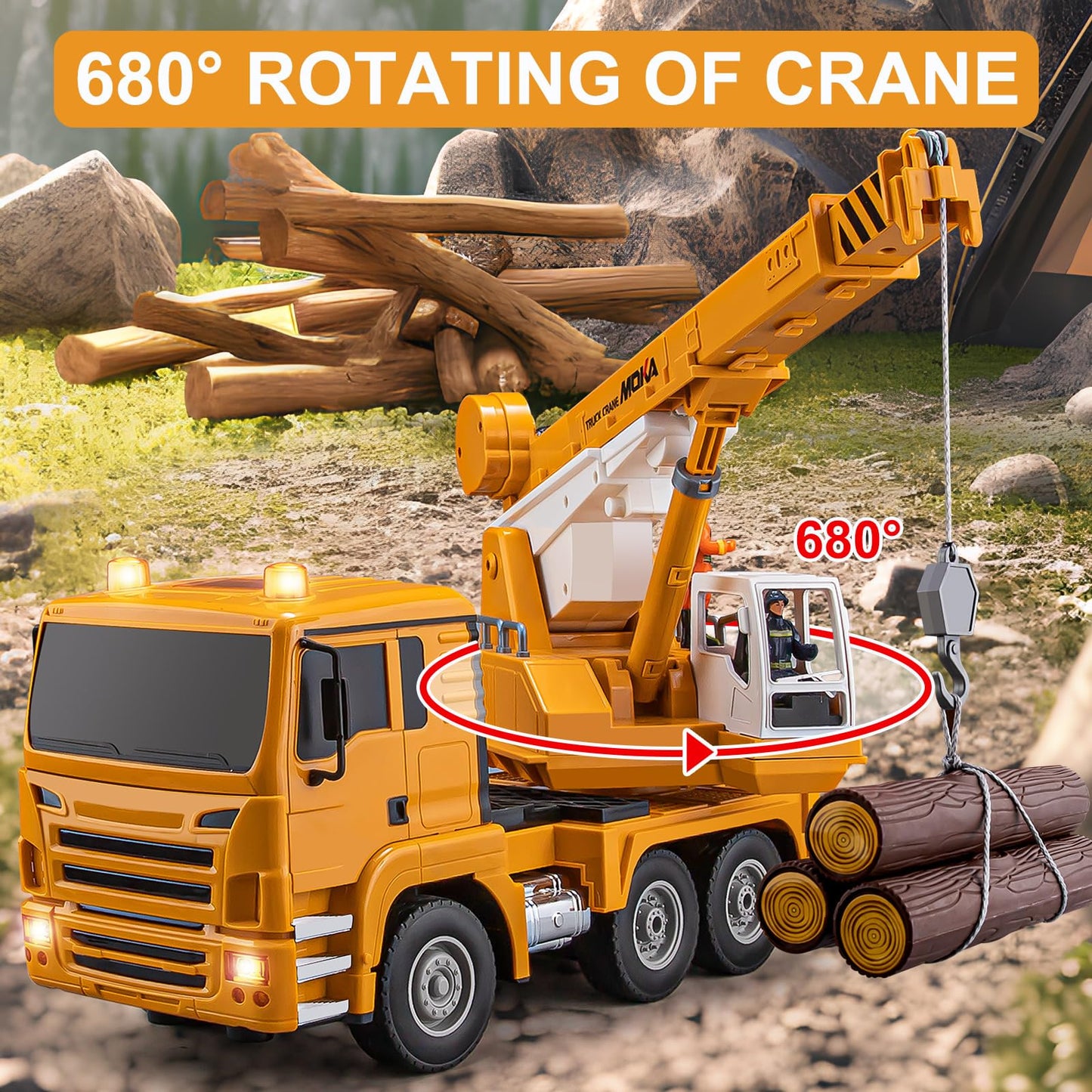 WEMOKA 13 Channel RC Crane Truck, 2.4G Remote Control Crane Toy Construction Vehicles with Lights, Sounds, Hook Up and Down, 1:1