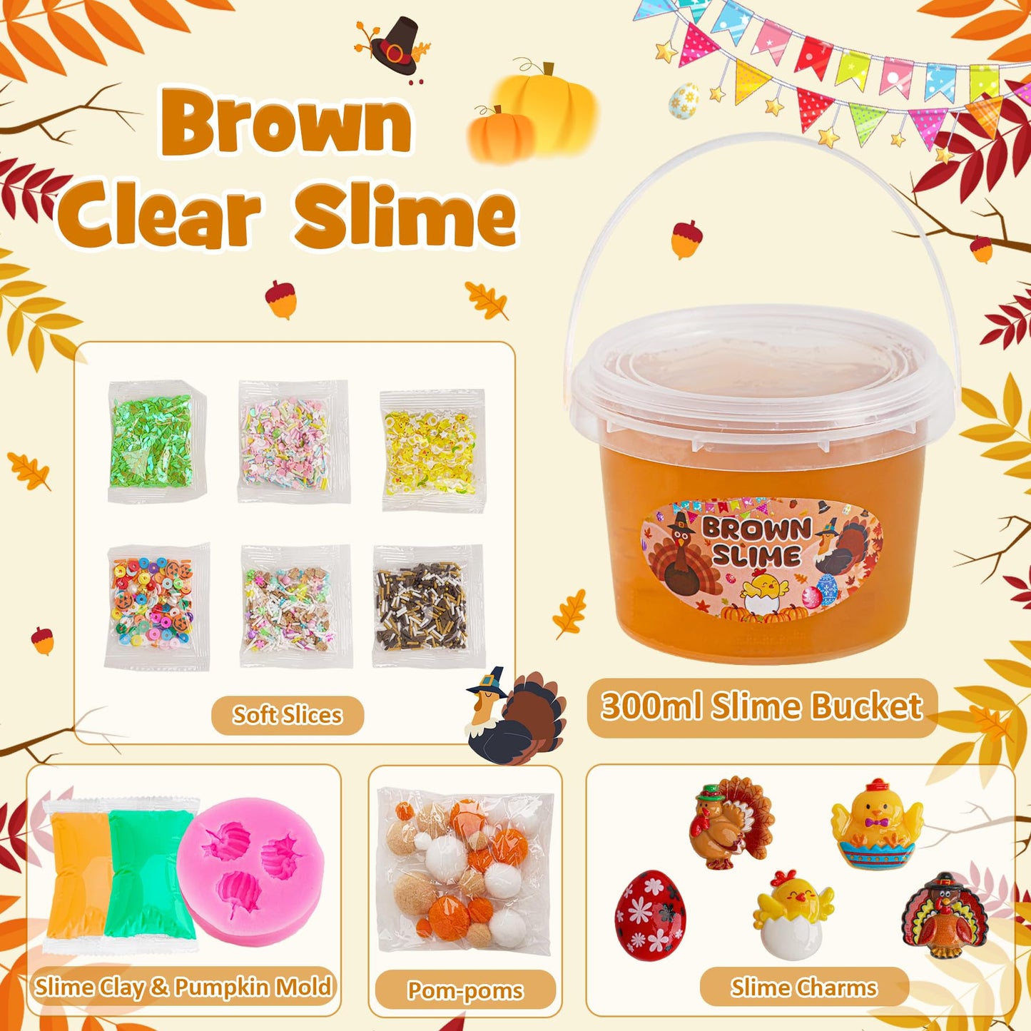 Brown Slime Kit, Clear Slime Bucket With Pumpkin Slime Clay & Turkey Slime Add-Ins, Slime Party Favors For Kids, Sensory Toys Gi