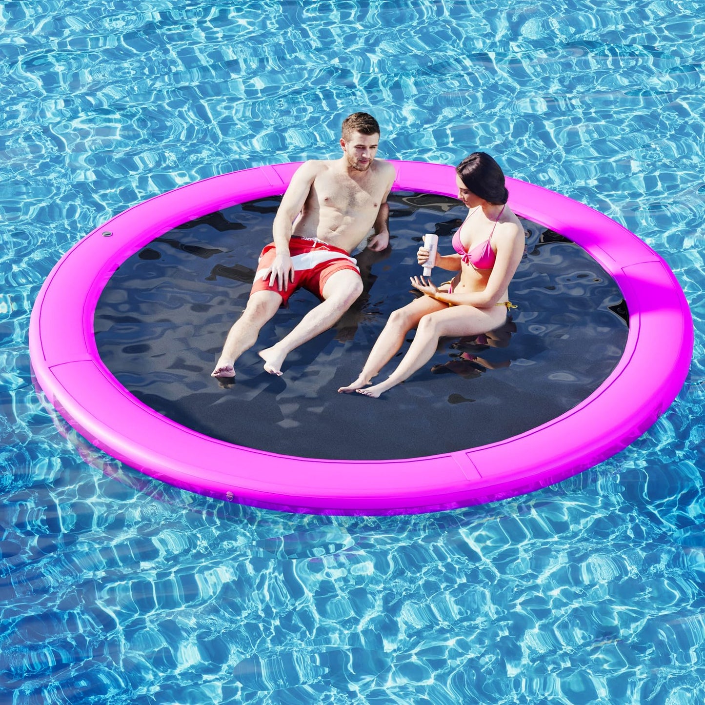 Danrelax 6' Round Inflatable Floating Dock, Sunchill Float Ring, Hammock Tanning Pool with 4in Woven Fabric, Manual Pump for 1-2