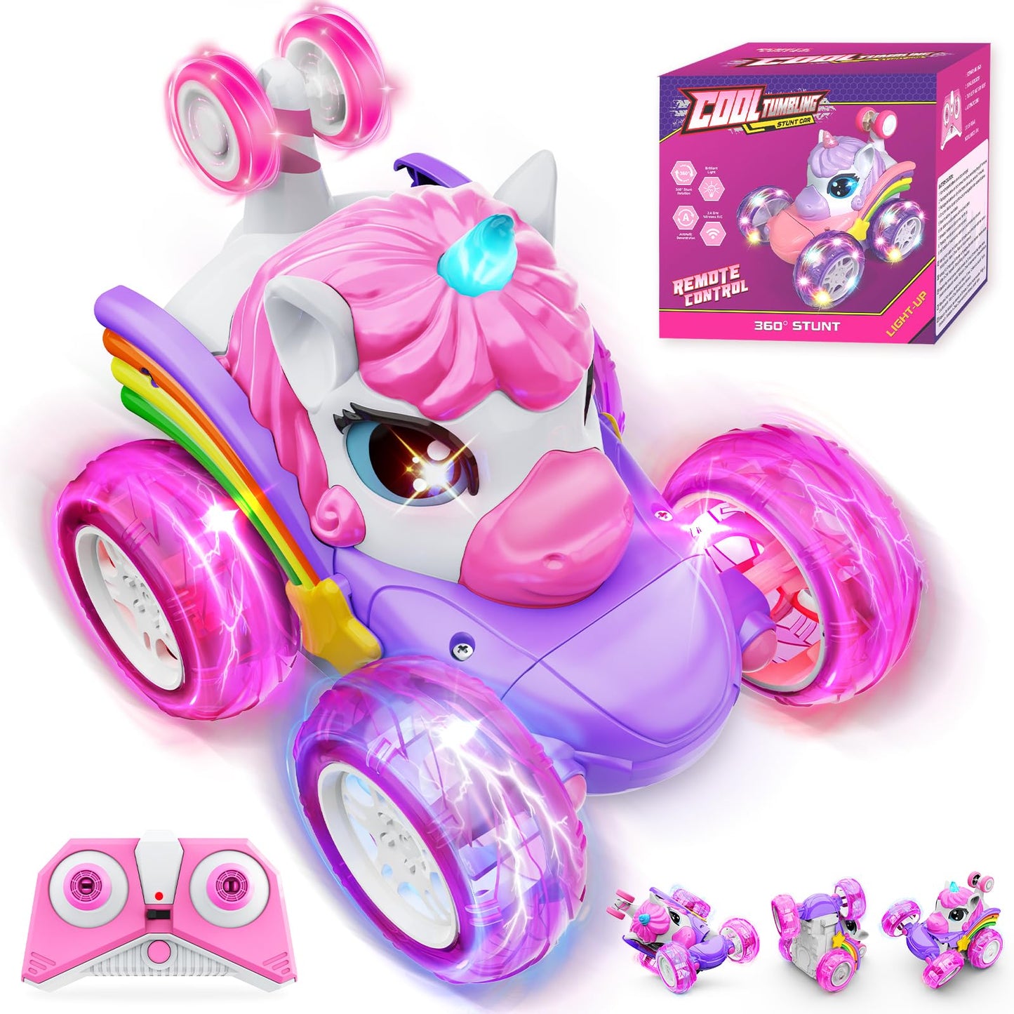 Innofans Unicorn Remote Control Car for Girls, 360 Rotating 4WD Stunt RC Cars with Cute Cool LED Lights, Rechargeable Car Toys B