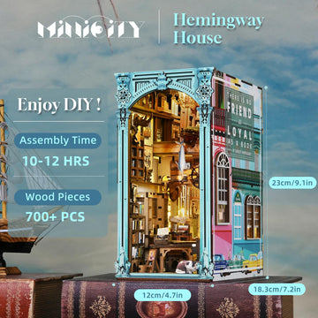 Minicity Diy Book Nook Kit For Adults, 3D Wooden Puzzle Bookend Bookshelf Insert Decor With Led Light And Dust Cover (Hemingway