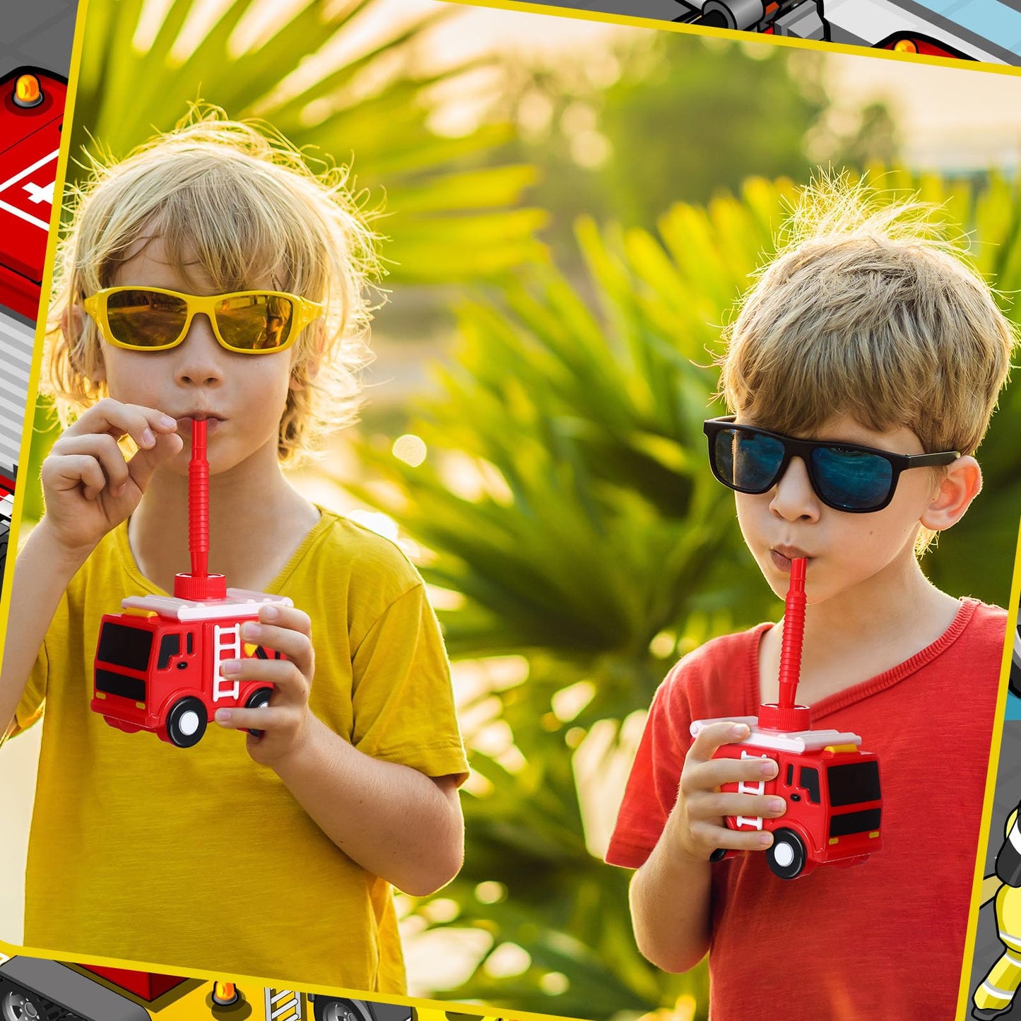 12 Sets Firefighter Party Favor Gift Supplies Fire Truck Cups with Straws, Plastic Fire Truck Shape Cup Reusable Firefighter Par