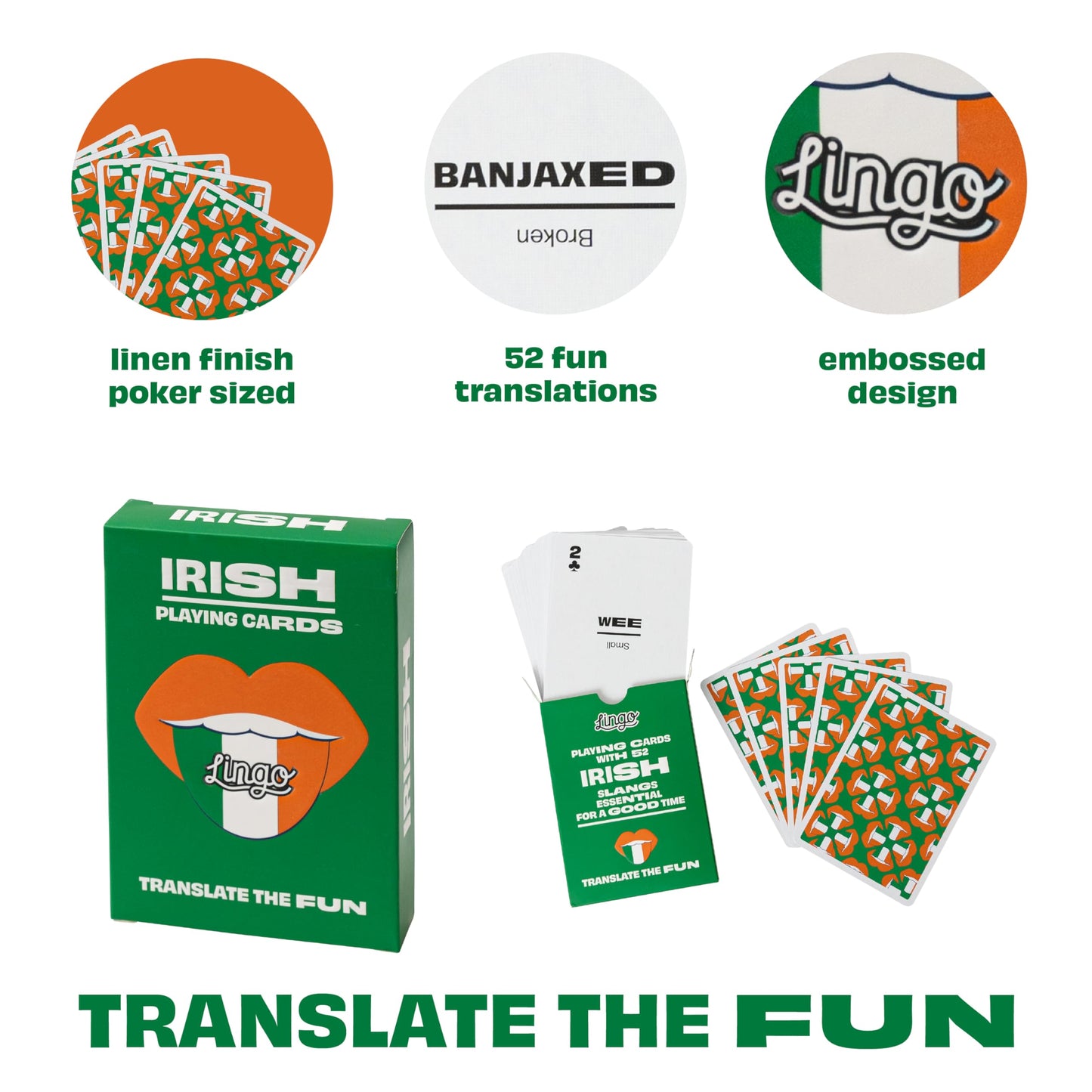 Lingo Irish Lingo Playing Cards | Travel Flashcards | Green | Medium Plastic | Learn Irish Slang & Vocabulary