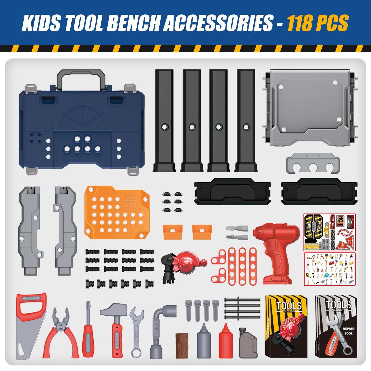 Kids Tool Bench, Kids Tool Set 118 Pieces with Realistic Tools, Electric Drill and Kids Tool Stickers, Toddler Workbench Pretend