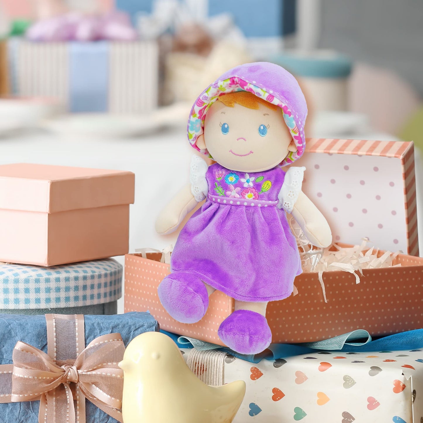 June Garden 12'' Soft Dolly Laura - Stuffed Soft Baby Doll Gift For 1 2 3 Year Old Girls - Purple Dress