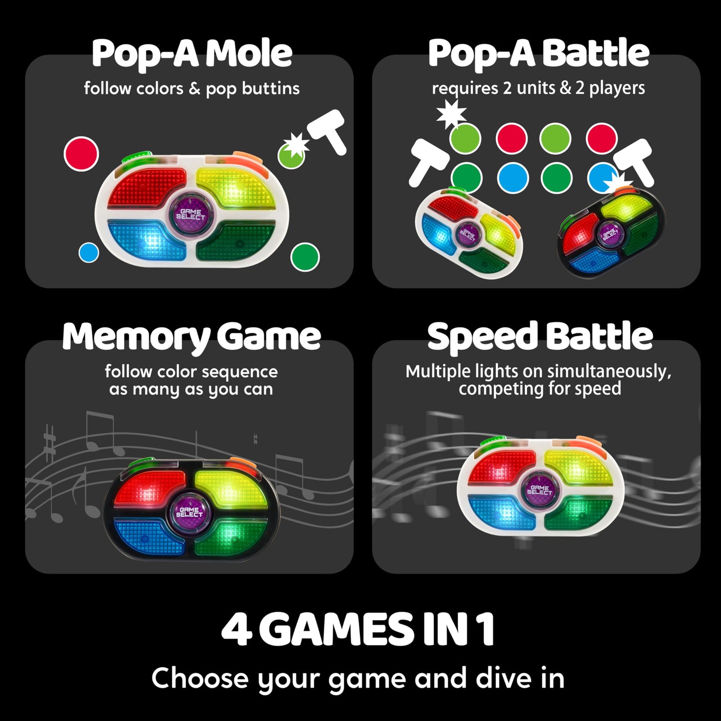 Syncfun 7-Key Handheld Game With 4 Game Modes, Board Games For 1 Or 2 Players, Lights And Adjustable Sound, Ages 8+ (2-Pack)