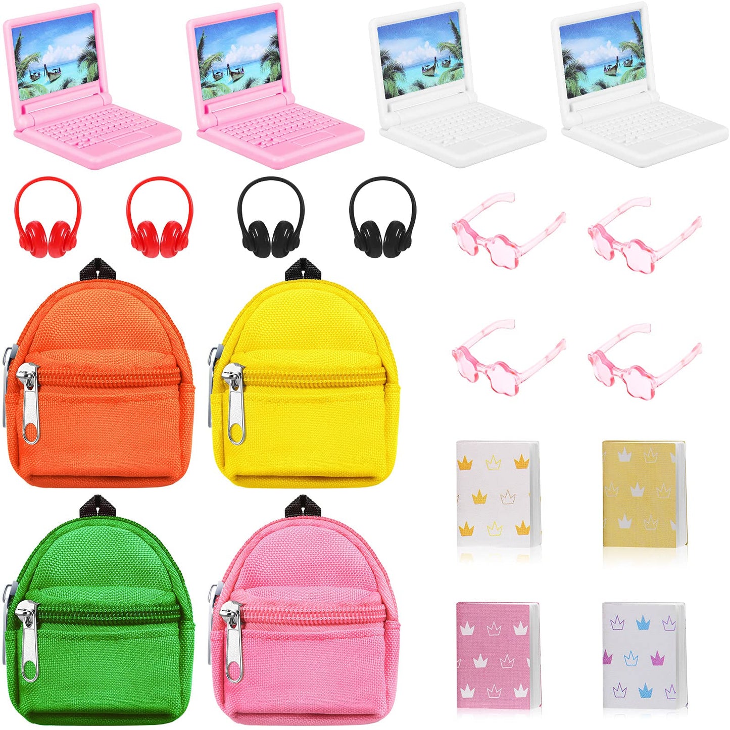 20 Pieces Mini Backpack For Dolls Dollhouse Accessories Include Tiny Micro Backpack With Zipper Laptop Books Headsets Sunglasses Cute School Scene Simulation Toys For 1/12 1/6 Scale(Elegant Style)