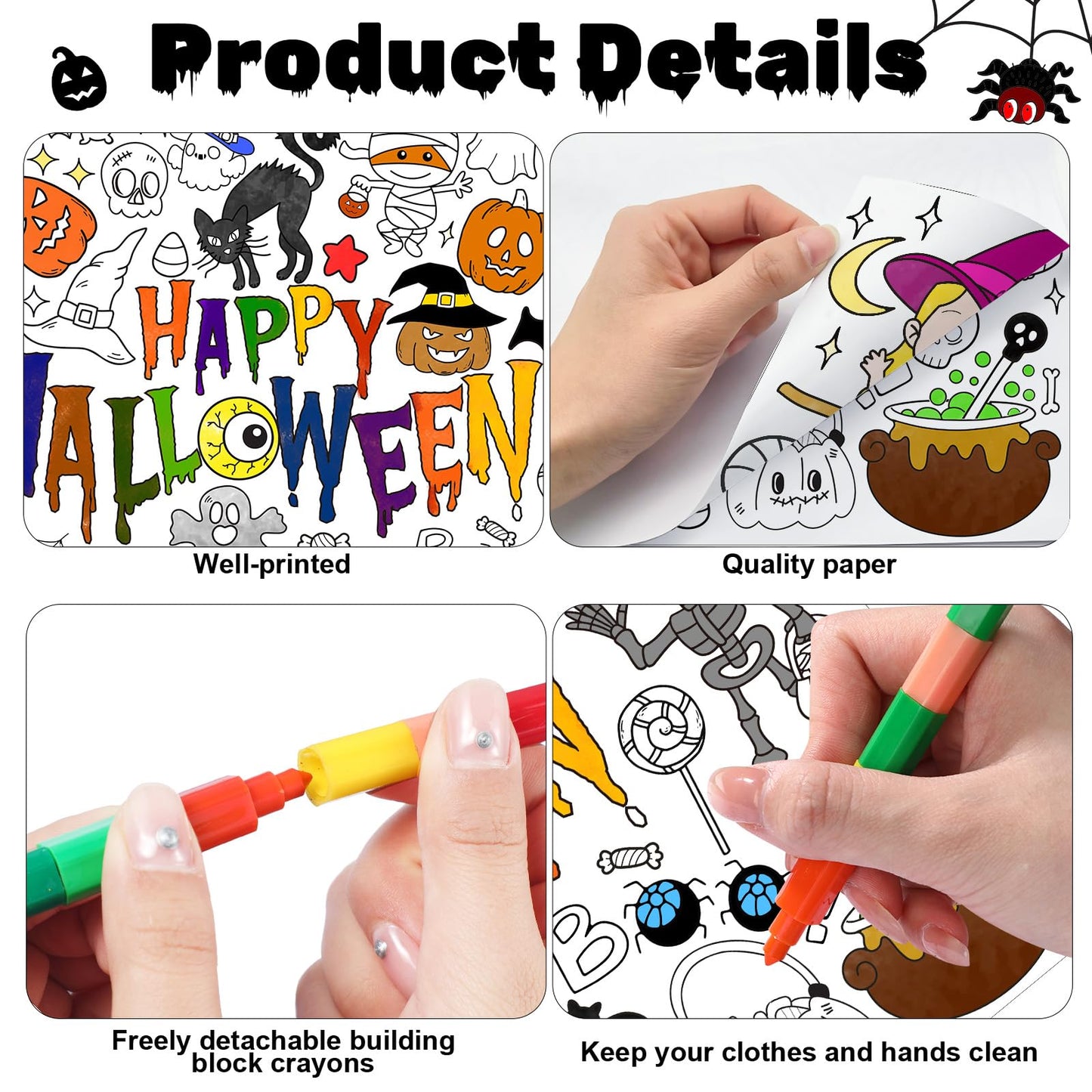 Giant Halloween Coloring Poster With 6 Stacking Crayons, Bat Ghost Party Favor Set Jumbo Paper Coloring Banner Large Art Crafts