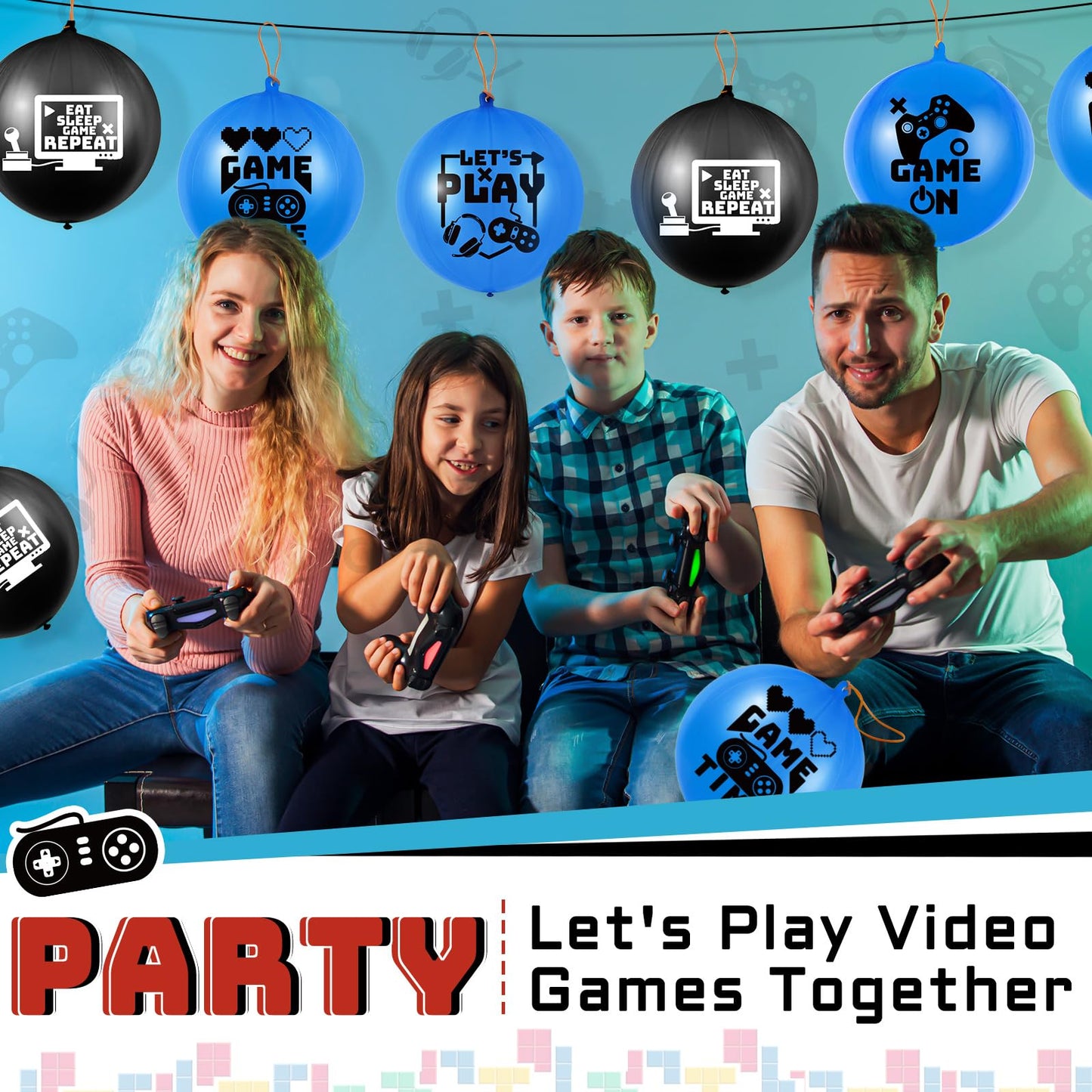 32 Pcs Video Game Punch Balloons Pixelated Punch Ball Pixel Video Game Balloons Latex Balls Toys For Birthday Party Favors Supplies, Goodie Bag Filler(Blue, Black)
