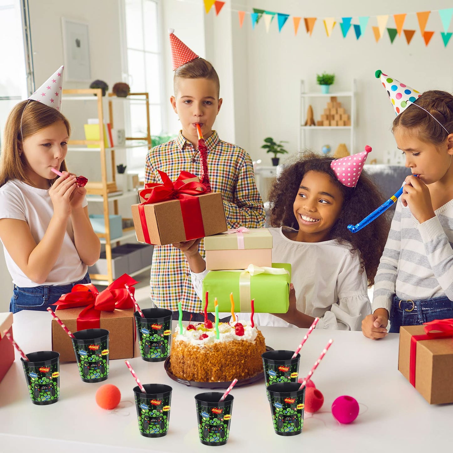 24 Pieces 16 Oz Video Game Theme Cups Gaming Party Favors Set Go Win Level Up Plastic Cups Gamer Frosted Cup For Popular Video Party Supplies Kids Gamer Birthday Decorations(Green)