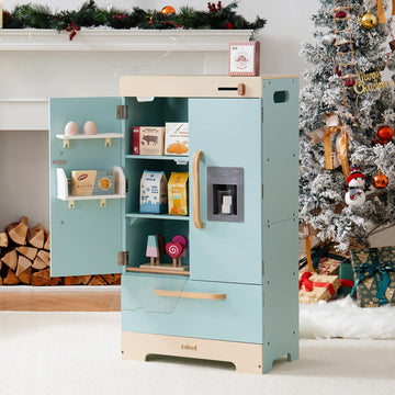 Robud Fridge Refrigerator With Ice Dispenser, Wooden Play Fridge Freezer Set For Kids, Toddler Kitchen Playset With Full Accesso