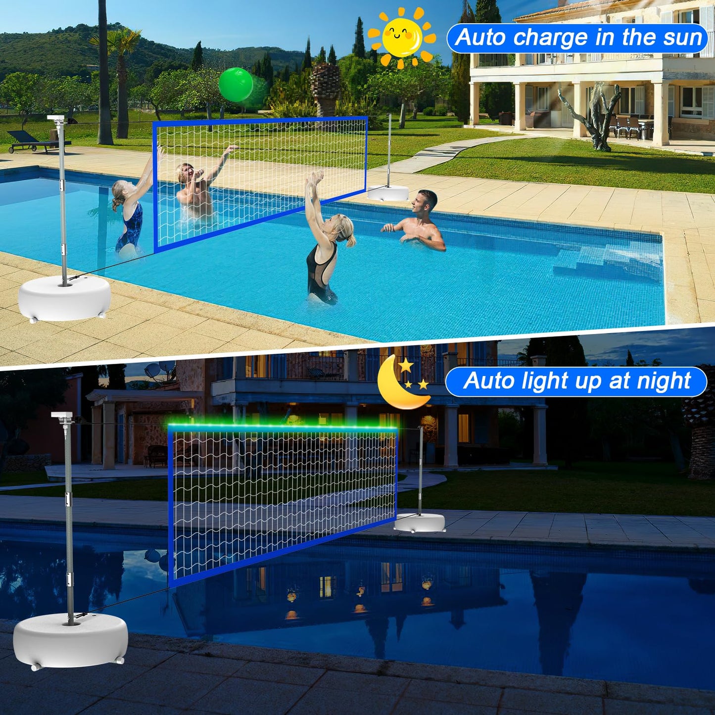 Pool Volleyball Net Set With Lights, Solar Powered Portable Outdoor Led Volleyball Net For Pool With 2 Glowing Balls,Pump And We